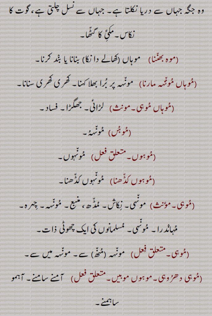 وہ جگہ جہاں سے دریا نکلتا ہے۔ جہاں سے نسل چلتی ہے، گوت کا نکاس۔مکئ کا گٹھا,موہ بھننا, موہاں ,کھالے دا نکا, بنانا یا بند کرنا,موہاں مونہہ مارنا,  مونہہ پر برا بھلا کہنا۔ کھری کھری سنانا,موہاں موہی,  لڑائی۔ جھگڑا۔ فساد,موہں,  مونہہ,موہوں, مونہوں,موہوں کڈھنا,  مونہوں کڈھنا,موہی, مونہی۔ نکاش۔ مڈھ، منبع۔ مونہہ۔ چہرہ۔ مہاندرا۔ مونہی۔ مسلمانوں کی ایک چھوٹی ذات,موہی, مونہہ (منھ) سے۔ مونہہ میں سے,موہی دھروہی۔موہوں موہیں, آمنے سامنے۔ آہمو ساہمنے,موہوں مونہہ/منھ,   چوٹی تک۔ لب ولب,موہیں,مونہیں۔مونہہ۔مونھ۔موہاں۔فرقہقبیلہ۔ خاندان,موہ, بال۔ مو ,موہ۔ ضمیر,مینوں۔ موہے۔ مجھے۔ مجھ کو۔ موہے۔