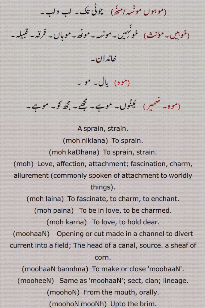 A sprain, strain.,moh niklana,  To sprain.,moh kaDhana,  To sprain, strain.,moh,  Love, affection, attachment; fascination, charm, allurement,moh laina,  To fascinate, to charm, to enchant.,moh paina, To be in love, to be charmed.,moh karna, To love, to hold dear.,moohaaN, Opening or cut made in a channel to divert current into a field; The head of a canal, source. a sheaf of corn.,moohaaN bannhna,  To make or close 'moohaaN'.,mooheeN,   Same as 'moohaaN'; sect, clan; lineage.,moohoN,  From the mouth, orally.
,moohoN mooNh,  Upto the brim.,moohoN mooheeN,   Face to face.,moh,  Attachment, attraction, infatuation; love,
affection, fondness; verb imperative form of 'mohna', charm, attract, infatuate.,moh jaal, moh maya,   Attachment to worldly goods and relationships.,