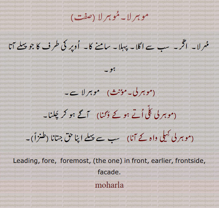 موہرلا۔موہرلا ,  مہرلا۔  اگر۔  سب سے اگلا۔ پہلا۔ سامنے کا۔  اوپر کی طرف کا جو پہلے آتا ہو, موہرلی, موہرلا سے,موہرلی کلی اُتے ہو کے وگنا), آگے ہو کر چلنا,موہرلی کیلی واہ کے آنا, سب سے پہلے اپنا حق جتانا (طنزاً)۔
Leading, fore,  foremost, (the one) in front, earlier, frontside, facade. moharla, muharla, ਮੋਹਰਲਾ  