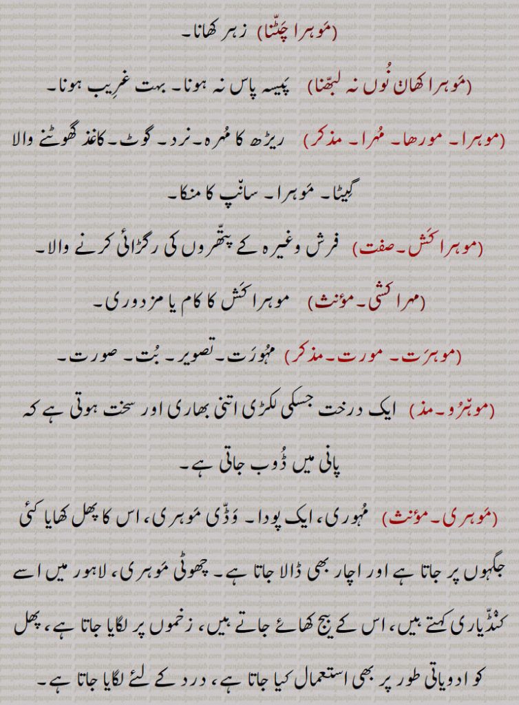موہرا چٹنا,  زہر کھانا,موہرا کھاڽ نوں نہ لبھنا, پیسہ پاس نہ ہونا۔ بہت غریب ہونا,موہرا۔ مورھا۔ مہرا, ریڑھ کا مہرہ۔نرد۔ گوٹ۔کاغذ گھوٹنے والا گیٹا۔ موہرا۔ سانپ کا منکا,موہرا کش,  فرش وغیرہ کے پتھروں کی رگڑائی کرنے والا,مہرا کشی, موہرا کش کا کام یا مزدوری,موہرت۔ مورت,  مہورت۔تصویر۔ بت۔ صورت,موہرو,  ایک درخت جسکی لکڑی اتنی بھاری اور سخت ہوتی ہے کہ پانی میں ڈوب جاتی ہے,موہری, مہوری، ایک پودا۔ وڈی موہری، اس کا پھل کھایا کئی جگہوں پر جاتا ہے اور اچار بھی ڈالا جاتا ہے۔ چھوٹی موہری، لاہور میں اسے کنڈیاری کہتے ہیں، اس کے بیج کھائے جاتے ہیں، زخموں پر لگایا جاتا ہے، پھل کو ادویاتی طور پر بھی استعمال کیا جاتا ہے، درد کے لئے لگایا جاتا ہے,مورون, مراری درخت۔