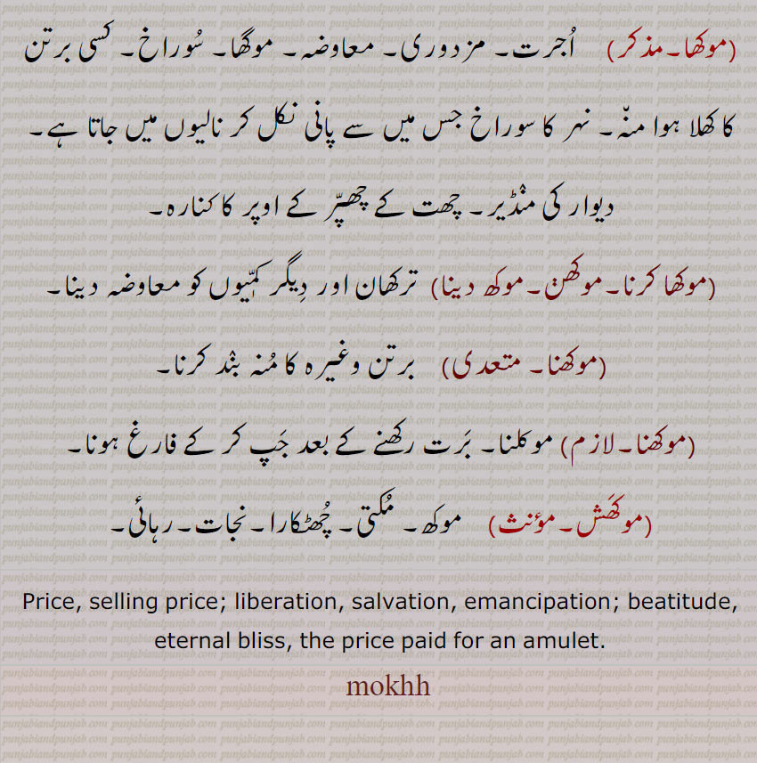 موکھا,  اجرت۔ مزدوری۔ معاوضہ۔ موگھا۔ سوراخ۔ کسی برتن کا کھلا ہوا منہ۔ نہر کا سوراخ جس میں سے پانی نکل کر نالیوں میں جاتا ہے۔ دیوار کی منڈیر۔ چھت کے چھپر کے اوپر کا کنارہ,موکھا کرنا۔موکھڽ۔موکھ دینا)  ترکھان اور دیگر کمٖیوں کو معاوضہ دینا,موکھنا,  برتن وغیرہ کا منہ بند کرنا,موکھنا, موکلنا۔ برت رکھنے کے بعد جپ کر کے فارغ ہونا,موکھش,موکھ۔ مکتی۔ چھٹکارا۔نجات۔رہائی۔
Price, selling price; liberation, salvation, emancipation; beatitude, eternal bliss, the price paid for an amulet. mokh, mukh, ਸੋਖ 