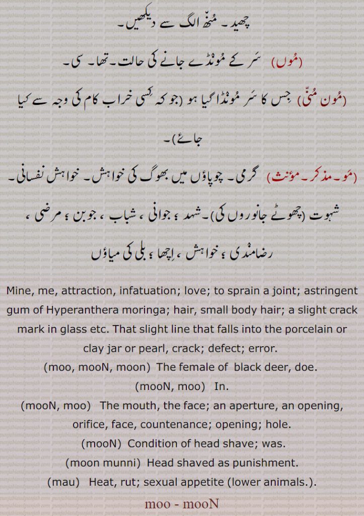 Mine, me, attraction, infatuation; love; to sprain a joint; astringent gum of Hyperanthera moringa; hair, small body hair; a slight crack mark in glass etc. That slight line that falls into the porcelain or clay jar or pearl, crack; defect; error., moo, mooN, moon,  The female of  black deer, doe. , mooN, moo,   In.,mooN, moo, The mouth, the face; an aperture, an opening, orifice, face, countenance; opening; hole., mooN,  Condition of head shave; was., moon munni,  Head shaved as punishment., mau,   Heat, rut; sexual appetite ,lower animals, moo, mooN,mu, muN, mon, ਮੂੰ ,ਮੂ, moonh, munh, ਮੂੰਹ,ਮੋਚ ਆਉਣੀ ,moo, moon, mu,mun,muh,moh moon munni