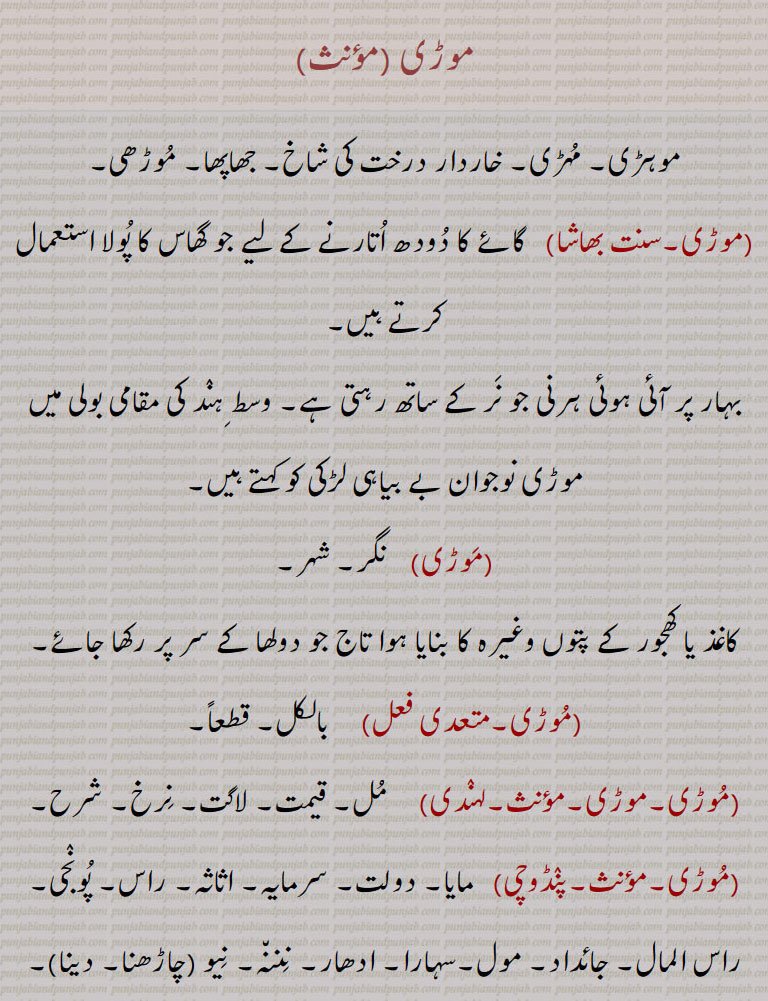 

موڑی,موہڑی۔ مہڑی۔ خاردار درخت کی شاخ۔ جھاپھا۔ موڑھی,موڑی,  گائے کا دودھ اتارنے کے لیے جو گھاس کا پولا استعمال کرتے ہیں۔
بہار پر آئی ہوئی ہرنی جو نر کے ساتھ رہتی ہے۔ وسط ہند کی مقامی بولی میں موڑی نوجوان بے بیاہی لڑکی کو کہتے ہیں,موڑی,  نگر۔ شہر۔
کاغذ یا کھجور کے پتوں وغیرہ کا بنایا ہوا تاج جو دولھا کے سر پر رکھا جائے,موڑی,  بالکل۔ قطعاً,موڑی۔موڑی,  مل۔ قیمت۔ لاگت۔ نرخ۔ شرح,موڑی,  مایا۔ دولت۔ سرمایہ۔ اثاثہ۔ راس۔ پونجی۔ راس المال۔ جائداد۔ مول۔سہارا۔ ادھار۔ نننہ۔ نیو  چاڑھنا۔ نیو  دینا ۔ بیوپار میں لگائی ہوئی اپنی رقم۔ اصل زر, گھاس یا کپڑے کا بجا,بیل کے منہ کا ساز جس میں ناتھ اور مکھیرا وغیرہ شامل ہیں۔ بیل کی ناتھ۔ مہیرا,موڑیوں, حب الآس۔ آس ,ولایتی مہندی۔پتوں کو بازار میں مورد (فارسی) کہتے ہیں۔ اوہیرہ۔مرا۔
