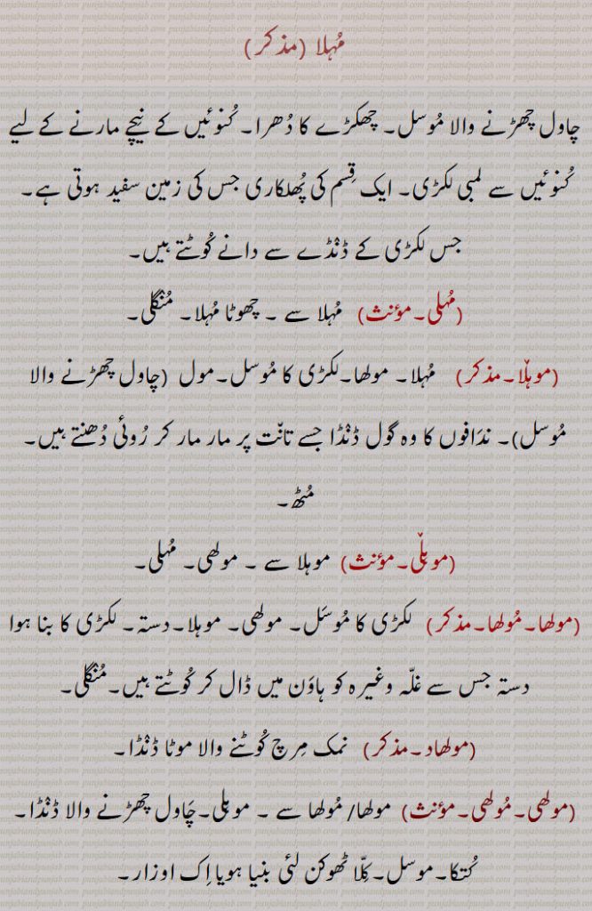 
مہلا ,چاول چھڑنے والا موسل۔ چھکڑے کا دھرا۔ کنوئیں کے  نیچے مارنے کے لیے کنوئیں سے لمبی لکڑی۔ ایک قسم کی پھلکاری جس کی زمین سفید ہوتی ہے۔ جس لکڑی کے ڈنڈے سے دانے کوٹتے ہیں,مہلی, مہلا سے ۔ چھوٹا مہلا۔ منگلی,موہلا,  مہلا۔ مولھا۔لکڑی کا موسل۔مول   چاول چھڑنے والا موسل ۔ ندافوں کا وہ گول ڈنڈا جسے تانت پر مار مار کر روئی دھنتے ہیں۔ مٹھ,موہی,موہلا سے ۔ مولھی۔ مہلی,مولھا۔مولھا, لکڑی کا موسل۔ مولھی۔ موہلا۔دستہ۔ لکڑی کا بنا ہوا دستہ جس سے غلہ وغیرہ کو ہاون میں ڈال کر کوٹتے ہیں۔منگلی,مولھاد,نمک مرچ کوٹنے والا موٹا ڈنڈا,مولھی۔مولھی, مولھا, مولھا سے ۔ موہلی۔چاول چھڑنے والا ڈنڈا۔کتکا۔موسل۔کلا ٹھوکن لئی بنیا ہویا اک اوزار,مولھے,مولھے دار مینہہ پونا,بہت زور دار مینہہ برسنا۔ موسلا دھار بارش,مولھیاں,مولھیاں نال چھڑنا,اناج کو چھڑنا۔ مجازاً  بہت زیادہ کٹنا/ پیٹنا,مہلے دھار۔موہلے دھار۔مولھے دھار, موسلا دھار۔ زور کا۔ موٹی دھار والی (بارش)۔