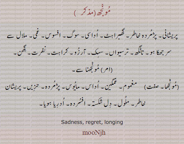 ਮੂੰਝ munjh, moonjh , Sadness, regret, longing, پرشانی۔ گھبراہٹ۔ سوگ۔ افسوس۔ غمی۔ تانگھ۔ تسیواں۔ سہک۔ نفرت۔ مونجھنا سے۔ مونجھا۔ مغموم۔ غمگین۔ حزیں۔ خاطر۔ ادریا ہویا۔ مونجھ۔ 
