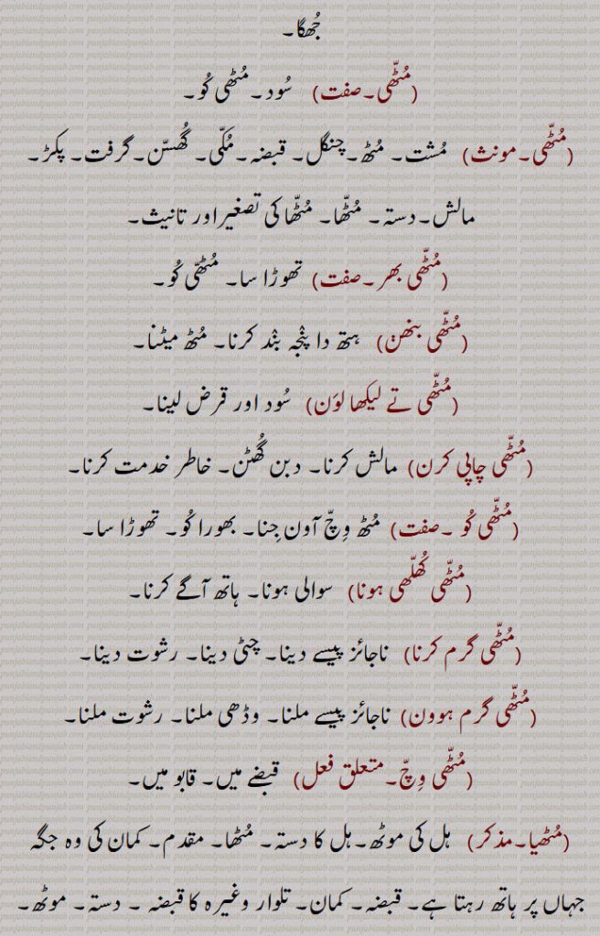 جھگا,مٹھی,سود۔مٹھی کو,مٹھی۔,   مشت۔ مٹھ۔چنگل۔ قبضہ۔مکی۔ گھسن۔گرفت۔ پکڑ۔مالش۔دستہ۔ مٹھا,مٹھا کی تصغیراور تانیث,مٹھی بھر۔,  تھوڑا سا۔ مٹھی کو, ,مٹھی بنھڽ,   ہتھ دا پنجہ بند کرنا۔ مٹھ میٹنا۔
,مٹھی تے لیکھا لون,   سود اور قرض لینا,مٹھی چاپی کرن,  مالش کرنا۔ دبن گھٹن۔ خاطر خدمت کرنا,مٹھی کو ۔,  مٹھ وچ آون جنا۔ بھورا کو۔ تھوڑا سا۔
,مٹھی کھلھی ہونا,   سوالی ہونا۔ ہاتھ آگے کرنا,مٹھی گرم کرنا,   ناجائز پیسے دینا۔ چٹی دینا۔ رشوت دینا,مٹھی گرم ہوون,  ناجائز پیسے ملنا۔ وڈھی ملنا۔ رشوت ملنا,مٹھی وچ۔,   قبضے میں۔ قابو میں,مٹھیا,  ہل کی موٹھ۔ہل کا دستہ۔ مٹھا۔ مقدم۔ کمان کی وہ جگہ جہاں پر ہاتھ رہتا ہے۔ قبضہ۔ کمان۔ تلوار وغیرہ کا قبضہ ۔ دستہ۔ موٹھ۔