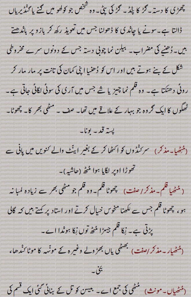 
 چھڑی کا دستہ۔گڑ کا پنڈ۔ گڑ کی پٹی۔وہ شخص جو کولھو میں گنے یا گنڈیریاں ڈالتا ہے۔سونے یا چاندی کا ڈھولنا جس میں تعویذ رکھ کر بازو پر باندھتے ہیں۔دھنیے کی مضراب۔ بیلن نما چوبی دستہ جس کے دونوں سرے مخروطی شکل کے بنے ہوتے ہیں اور اس کو دھنیا اپنی کمان کی تانت پر مار مار کر روئی دھنکتا ہے۔ وہ قلم نما چیز یا شے جس میں آری کی سوئی لگائی جاتی ہے۔ ٹھگوں کا ایک گروہ جو بہار کے علاقے میں تھا۔ صف ۔ مٹھی بھر کا۔ چھوٹا۔ پستہ قد۔ بونا۔
,مٹھیا۔,   سرکنڈوں کو اکٹھا کر کے بغیر اینٹ والے کنویں میں پانی سے تھوڑا اوپر لگایا ہوا مٹھ ,حاشیہ,مٹھیا قلم۔, ,    چھوٹا قلم۔وہ قلم جو مٹھی بھر سے زیادہ لمبا نہ ہو،  چھوٹا قلم جس سے لکھنا منحوس خیال کرتے اور استاد پر کہتے ہیں کہ گالی پڑتی ہے۔ نکا قلم جیہڑا مٹھ توں نکا ہوندا اے,مٹھیار۔,,  بھٹھی یاں بھڑولے وغیرہ کے مونہہ کا موٹا کندھا، بنی۔
,مٹھیاں۔,   مٹھی کی جمع اے۔ بیسن کو تل کے بنائی گئی ایک قسم کی بھاجی۔ عید کی ایک مٹھائی۔