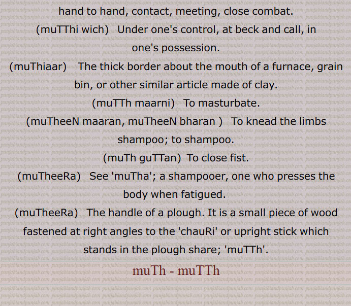 muThiya,   Bands of reeds with which unbricked wells are lined to a little above the water.,muTTh garam karni,  Phrase to bribe.,muTTh ghutni,   Phrase to close the palm tightly, tighten grip; figurative usage to be stingy, miserly, parsimonious, tight-fisted.,muTTh meeTni,  To close hand, palm or fist.,muTTha,  Handle, grip, hilt, haft; wisp, swath, swathe;
upright post of spinning wheel; the hanidle of a plough; fetlock; a handful of reeds, sticks or anything long; see 'muTheera'; Past participle, of 'musan'.,muTThku,   Very short, very little.,muTTh chalauni,   To charm, to cast a spell.,muTTh maroRa,   Close, Squeezing and pressing the limbs, shampooing.,muTThi,   Shampooing; handful; a handful, a handful of grain or flour; same as 'muTTh'; pl. 'muTThiaN'.,muTThi chaapi,    Massage, kneading of muscles; informal, sycophancy.,muTThi chaapi karni, muTThiaN bharniaN,   To massage or knead muscles; to attend servilely upon, please, flatter; to squeeze and press the limbs, to shampoo.,muTThi bhar,   A handful, very few, a few, a little; the joining of hand to hand, contact, meeting, close combat.
,muTThi wich,   Under one's control, at beck and call, in
one's possession.,muThiaar,    The thick border about the mouth of a furnace, grain bin, or other similar article made of clay.
,muTTh maarni,   To masturbate.,muTheeN maaran, muTheeN bharan ,   To knead the limbs shampoo; to shampoo.,muTh guTTan,  To close fist.,muTheeRa,   See 'muTha'; a shampooer, one who presses the body when fatigued. ,muTheeRa,   The handle of a plough. It is a small piece of wood fastened at right angles to the 'chauRi' or upright stick which stands in the plough share; 'muTTh'., muTh - muTTh,