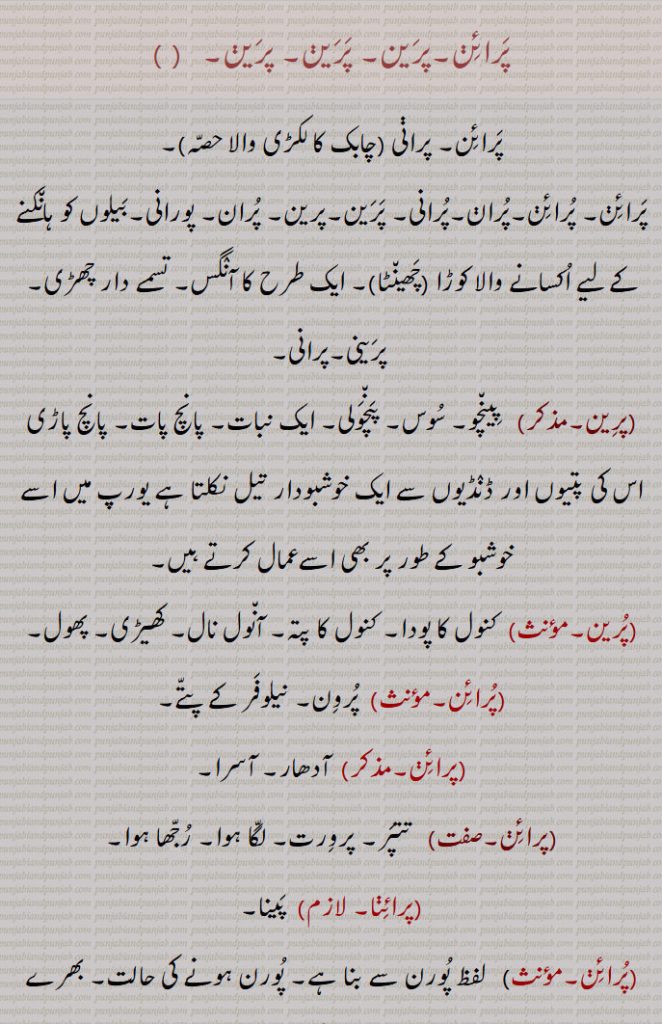 پرائن۔ پرئن۔ پرانی۔ چابک کا لکڑی والا حصّہ۔ پورانی بیلوں کو ہانکنے والا کوڑا۔ چھینٹا۔ آنگس۔ تسمے دار چھڑی۔ پرینی۔ پینچا۔ سوس۔ پنچولی۔ ایک نبات۔ پانچ پات۔ پانچ پاڑی۔ کنول کا پودا۔ کنول کا پتا۔ پتہ۔ آنول نال۔ کھیڑی۔ پرون۔ نیلوفر کے پتے۔ تتپر۔ پرورت۔ لگا ہوا۔ رچھا ہوا۔ پرائنا۔ پینا۔ پورن سے ۔ پورن ہونے کی حالت۔ بھرے ہونے کی۔پیر کی بیوی۔ ٹونے ٹوٹکے کرنے والی۔