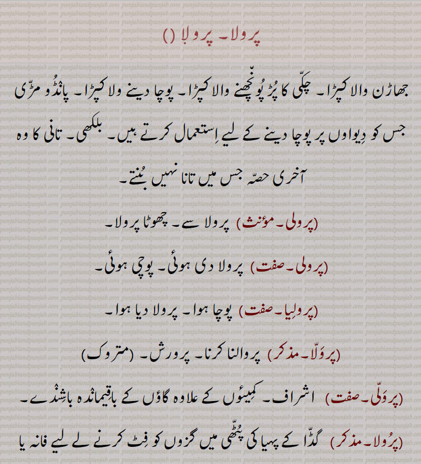 پرولا,جھاڑن والا کپڑا۔ چکی کا پڑ پونچھنے والا کپڑا۔ پوچا دینے ولا کپڑا۔ پانڈو مڑی جس کو دیواوں پر پوچا دینے کے لیے استعمال کرتے ہیں۔ بلکھی۔ تانی کا وہ آخری حصہ جس میں تانا نہیں  بنتے,پرولی,  پرولا سے۔ چھوٹا پرولا,  پرولا دی ہوئی۔ پوچی ہوئی,پرولیا,پوچا ہوا۔ پرولا دیا ہوا,پرولا, پروالنا کرنا۔ پرورش۔,پرولی,اشراف۔ کمیئوں کے علاوہ گاؤں کے باقیماندہ باشندے,پرولا,   گڈا کے پہیا کی پٹھی میں گزوں کو فٹ کرنے لے لیے فانہ یا پھال,پرولے,  الجھے بال۔