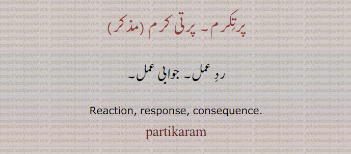 پرتکرم, پرتی کرم , رد عمل۔ جوابی عمل۔
Reaction, response, consequence., partikaram, ਪ੍ਰਤਿਕਰਮ, ਪਰਤਿਕਰਮ,