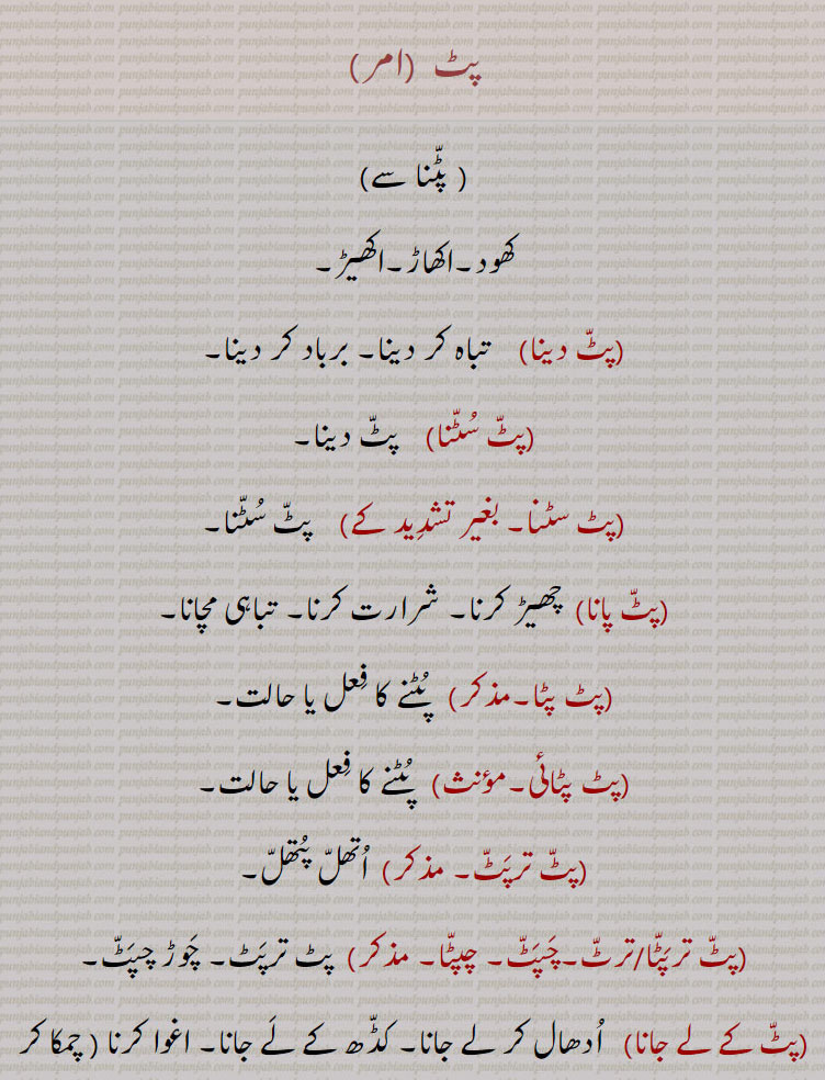 پٹ , پٹنا سے,کھود۔اکھاڑ۔اکھیڑ,پٹ دینا,  تباہ کر دینا۔ برباد کر دینا,پٹ سٹنا,پٹ دینا,پٹ سٹنا۔,   پٹ سٹنا,پٹ پانا, چھیڑ کرنا۔ شرارت کرنا۔ تباہی مچانا,پٹ پٹا,   پٹنے کا فعل یا حالت,پٹ پٹائی,  پٹنے کا فعل یا حالت,پٹ ترپٹ,  اتھل پتھل,پٹ ترپٹا/ترٹ۔چپٹ۔ چپٹا۔ مذکر)  پٹ ترپٹ۔ چوڑ چپٹ۔
(پٹ کے لے جانا)   ادھال کر لے جانا۔ کڈھ کے لے جانا۔ اغوا کرنا ( چمکا کر یا شہ دے کر),پٹانا,  پٹانا,پٹائی,  پٹائی۔ کھدائی,پٹٹڑا,  پٹنے والا۔ اکھیڑنے والا,پٹنا۔ متعدی)  اکھیڑنا۔ زمین، دیوار یا کسی جگہ لگی ہوئی شے کو اس میں سے اکھاڑنا۔ کھود کر نکالنا۔ چننا۔ چگنا/ آگے کو یا باہر کو بڑھانا۔