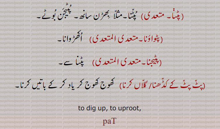  دھکیلنا۔ ٹھیلنا۔ چمکانا۔ شہ دینا۔ ثابت قدم نہ رہنے دینا۔ روپیہ وغیرہ کا ضائع کرنا۔ خراب کرنا۔ بگاڑنا۔ کھولنا,پٹوانا۔ پٹواونا, پٹنا سے۔ پٹوانا۔ اکھڑانا۔ اکھڑوانا,پٹوائی, پٹنا کا کام یا مزدوری۔ پٹوائی,پٹ, پٹنا سے۔ اکھاڑ,پٹ کھوہ,  اکھاڑ پچھاڑ۔ لوٹ کھسوٹ,پٹڽا,  پٹنا۔مثلا  بھڑن سانھ۔ پٹیجن بوٹے,پٹواونا, اکھڑوانا,پٹیجنا,پٹنا سے,پٹ پٹ کے کڈھنا,پٹ پٹ کے, گلاں کرنا,  کھوج کھوج کر یاد کر کے باتیں کرنا۔
to dig up, to uproot, paT , pat, ਪਟ