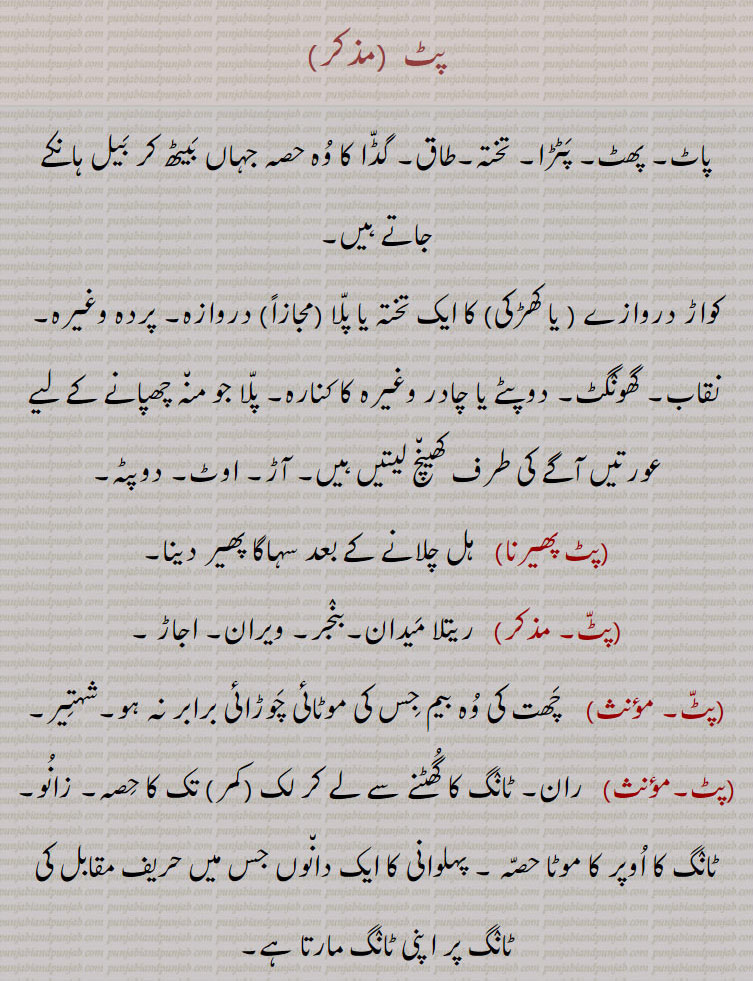 پٹ ,پاٹ۔ پھٹ۔ پٹڑا۔ تختہ۔طاق۔ گڈا کا وہ حصہ جہاں بیٹھ کر بیل ہانکے جاتے ہیں,کواڑ دروازے ( یا کھڑکی) کا ایک تختہ یا پلا (مجازاً) دروازہ۔ پردہ وغیرہ,نقاب۔ گھونگٹ۔ دوپٹے یا چادر وغیرہ کا کنارہ۔ پلا جو منہ چھپانے کے لیے عورتیں آگے کی طرف کھینچ لیتیں ہیں۔ آڑ۔ اوٹ۔ دوپٹہ,پٹ پھیرنا, ہل چلانے کے بعد سہاگا پھیر دینا,پٹ, ریتلا میدان۔بنجر۔ ویران۔ اجاڑ ,پٹ,چھت کی وہ بیم جس کی موٹائی چوڑائی برابر نہ ہو۔شہتیر,پٹ,  ران۔ ٹانگ کا گھٹنے سے لے کر لک (کمر) تک کا حصہ۔