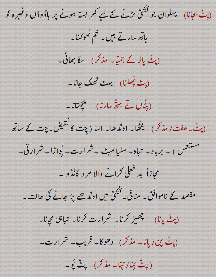  زانو۔ ٹانگ کا اوپر کا موٹا حصہ ۔ پہلوانی کا ایک دانوں جس میں حریف مقابل کی ٹانگ پر اپنی ٹانگ مارتا ہے,پٹ بجانا,  پہلوان جو کشتی لڑنے کے لیے کمر بستہ ہونے پر باووؤں وغیرہ کو ہاتھ مارتے ہیں۔ خم ٹھوکنا,پٹ پاڑ کے جمیا,  سگا بھائی,پٹ پھلنا,   بہت تھک جانا,پٹاں تے ہتھ مارنا,  پچھتانا,پٹ, پٹھا۔ اوندھا۔ الٹا, برباد۔ تباہ۔ ملیا میٹ ۔شرارت۔ پواڑا۔شرارتی۔
مجازاً  بد فعلی کرانے والا مرد گانڈو ,مقصد کے ناموافق۔ منافی۔کشتی میں اوندھے پڑ جانے کی حالت,پٹ پانا,  چھیڑ کرنا۔ شرارت کرنا۔ تباہی مچانا,پٹ پن/ پانا,دھوکا۔ فریب۔ شرارت, پٹ پنا,  پٹ پو,پٹ پو,