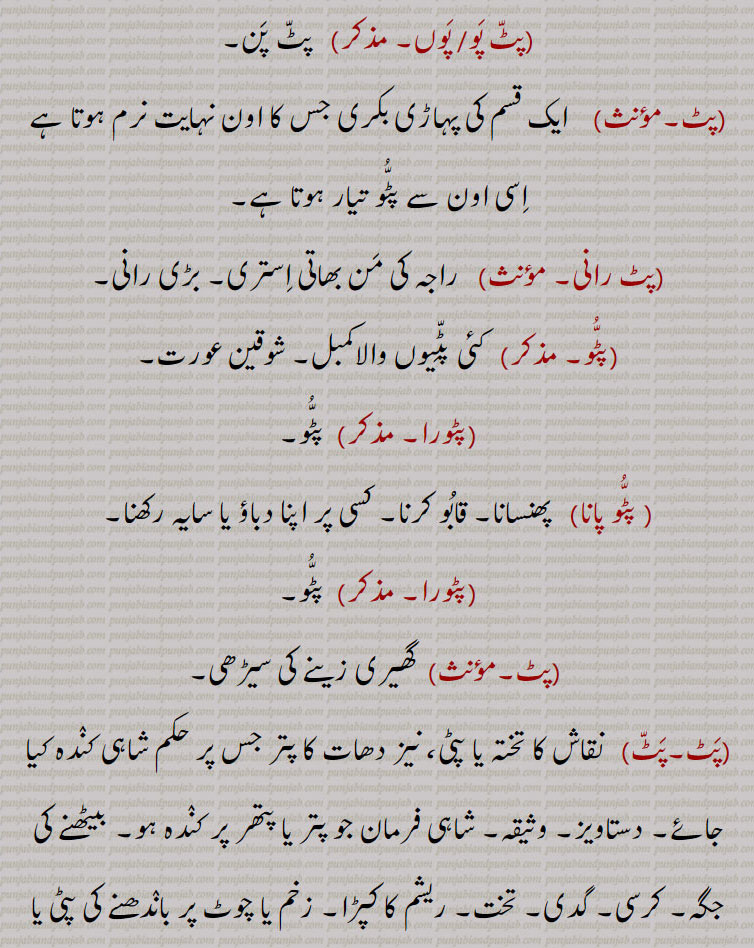  پٹ پوں,   پٹ پن,پٹ,  ایک قسم کی پہاڑی بکری جس کا اون نہایت نرم ہوتا ہے اسی اون سے پٹو تیار ہوتا ہے,پٹ رانی, راجہ کی من بھاتی استری۔ بڑی رانی,پٹو, کئی پٹّیوں والاکمبل۔ شوقین عورت,پٹورا,  پٹو,پٹو پانا,   پھنسانا۔ قابو کرنا۔ کسی پر اپنا دباؤ یا سایہ رکھنا,پٹورا, پٹو, گھیری زینے کی سیڑھی,  نقاش کا تختہ یا پٹی، نیز دھات کا پتر جس پر حکم شاہی کندہ کیا جائے۔ دستاویز۔ وثیقہ۔ شاہی فرمان جو پتر یا پتھر پر کندہ ہو۔ بیٹھنے کی جگہ۔ کرسی۔ گدی۔ تخت۔ ریشم کا کپڑا۔ زخم یا چوٹ پر باندھنے کی پٹی یا بند۔ قدیم ایرانی دستار جو بادشاہ پہنتے تھے۔ پوپ کا مخروطی کلاہ یا تاج۔مرصع تاج جو مرد یا عورتیں پہنتی ہیں۔ طرۂ امتیاز۔ کلغی۔ سر پیچ۔