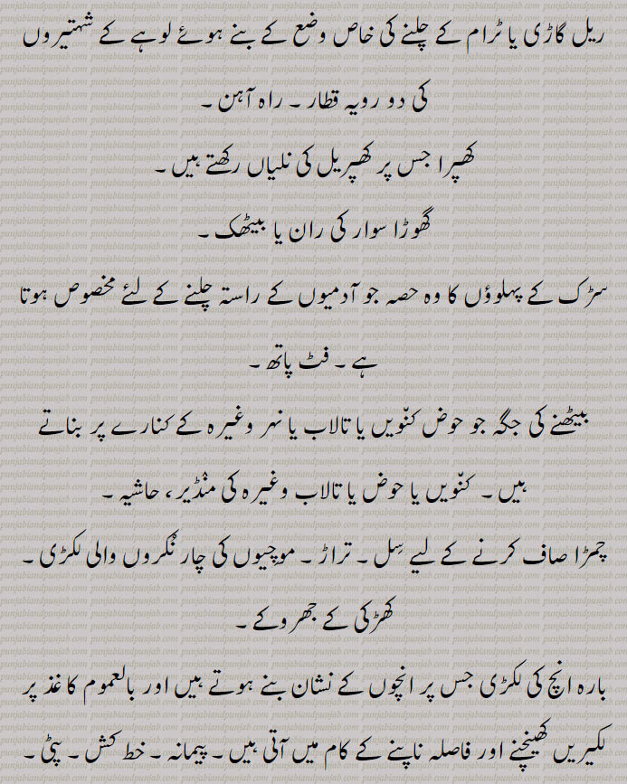  راہ آہن,کھپرا جس پر کھپریل کی نلیاں رکھتے ہیں,گھوڑا سوار کی ران یا بیٹھک,سڑک کے پہلوؤں کا وہ حصہ جو آدمیوں کے راستہ چلنے کے لئے مخصوص ہوتا ہے۔ فٹ پاتھ,بیٹھنے کی جگہ جو حوض کنویں یا تالاب یا نہر وغیرہ کے کنارے پر بناتے ہیں۔  کنویں یا حوض یا تالاب وغیرہ کی منڈیر، حاشیہ,چمڑا صاف کرنے کے لیے سل۔ تراڑ۔ موچیوں کی چار نکروں والی لکڑی,کھڑکی کے جھروکے,بارہ انچ کی لکڑی جس پر انچوں کے نشان بنے ہوتے ہیں اور بالعموم کا غذ پر لکیریں کھینچنے اور فاصلہ ناپنے کے کام میں آتی ہیں۔ پیمانہ۔ خط کش۔