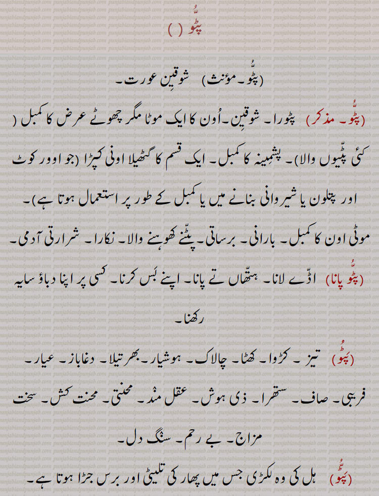  پٹو,  شوقین عورت, پٹورا۔ شوقین۔اون کا ایک موٹا مگر چھوٹے عرض کا کمبل ( کئی پٹیوں والا)۔ پشمینہ کا کمبل۔ ایک قسم کا گٹھیلا اونی کپڑا (جو اوور کوٹ اور پتلون یا شیروانی بنانے میں یا کمبل کے طور پر استعمال ہوتا ہے)۔
موٹی اون کا کمبل۔ بارانی۔ برساتی۔ پٹنے کھوہنے والا۔ نکارا۔ شرارتی آدمی,پٹو پانا, اڈے لانا۔ ہتھاں تے پانا۔ اپنے بس کرنا۔ کسی پر اپنا دباؤ سایہ رکھنا,پٹو,تیز ۔ کڑوا۔ کھٹا۔ چالاک۔ ہوشیار۔بھرتیلا۔ دغاباز۔ عیار۔ فریبی۔ صاف۔ ستھرا۔ ذی ہوش۔ عقل مند۔ محنتی۔ محنت کش۔ سخت مزاج۔ بے رحم۔ سنگ دل,پٹو, ہل کی وہ لکڑی جس میں پھار کی تلیٹی اور برس جڑا ہوتا ہے,  توتا,پٹوا۔