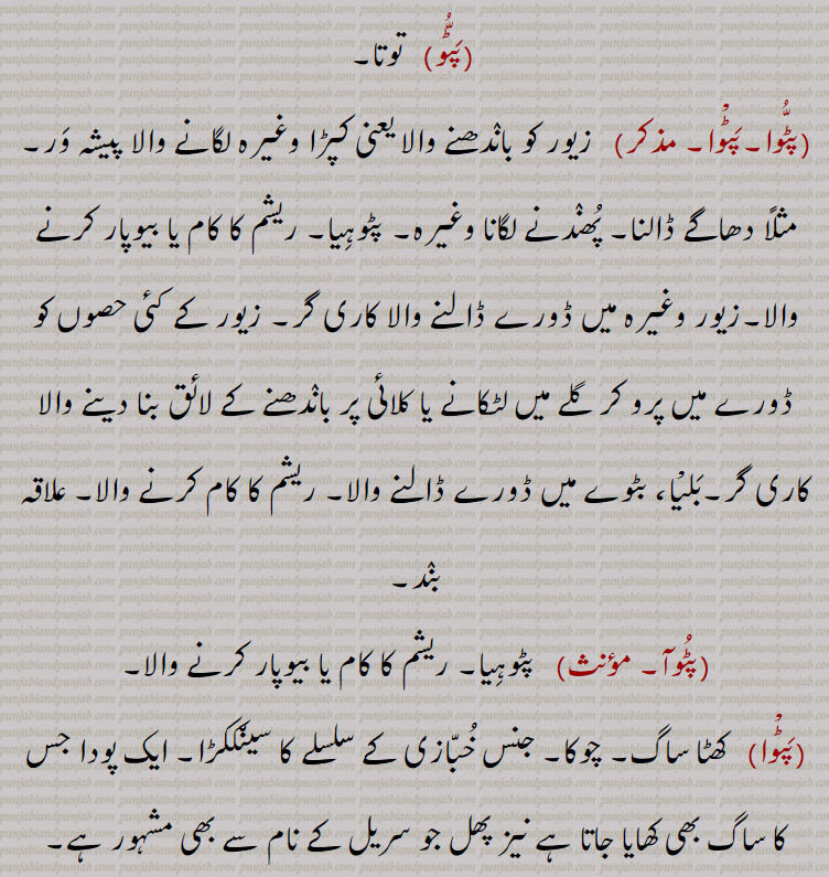 
پٹوا, زیور کو باندھنے والا یعنی کپڑا وغیرہ لگانے والا پیشہ ور۔ مثلاً دھاگے ڈالنا۔ پھندنے لگانا وغیرہ۔ پٹوہیا۔ ریشم کا کام یا بیوپار کرنے والا۔زیور وغیرہ میں ڈورے ڈالنے والا کاری گر۔ زیور کے کئی حصوں کو ڈورے میں پرو کر گلے میں لٹکانے یا کلائی پر باندھنے کے لائق بنا دینے والا کاری گر۔بلیا، بٹوے میں ڈورے ڈالنے والا۔ ریشم کا کام کرنے والا۔ علاقہ بند,پٹوآ,پٹوہیا۔ ریشم کا کام یا بیوپار کرنے والا,پٹوا,  کھٹا ساگ۔ چوکا۔ جنس خبازی کے سلسلے کا سینککڑا۔ ایک پودا جس کا ساگ بھی کھایا جاتا ہے نیز پھل جو سریل کے نام سے بھی مشہور ہے۔