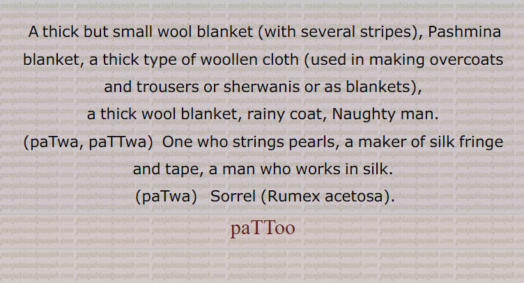  A thick but small wool blanket (with several stripes), Pashmina blanket, a thick type of woollen cloth (used in making overcoats and trousers or sherwanis or as blankets),, a thick wool blanket, rainy coat, Naughty man., paTwa, paTTwa,  One who strings pearls, a maker of silk fringe and tape, a man who works in silk., paTwa,  Sorrel (Rumex acetosa).  ਪੱਟੂ, paTwa, patoo, patu, paTTwa,ਪਟੂ