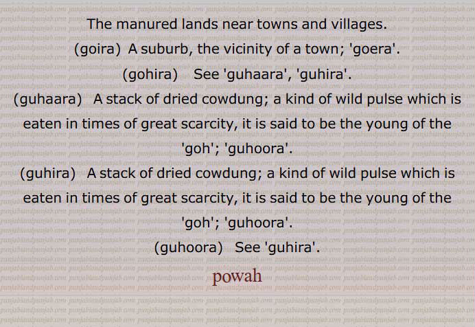 The manured lands near towns and villages.,goira,  A suburb, the vicinity of a town; 'goera'.,gohira,   See 'guhaara', 'guhira'.,guhaara,   A stack of dried cowdung; a kind of wild pulse which is eaten in times of great scarcity, it is said to be the young of the 'goh'; 'guhoora'.,guhira,   A stack of dried cowdung; a kind of wild pulse which is eaten in times of great scarcity, it is said to be the young of the 'goh'; 'guhoora'.,guhoora,  See 'guhira'.,
pawah, powah,  goira, ਗੋਇਰਾ,gohira, ਗੋਹੀਰਾ ,guhaara, ਗੁਹਾਰਾ,guhira, ਗੁਹੀਰਾ,guhoora, ਗੁਹੂਰਾ ,پوہ, pawah, ਪਵਹ, powah,