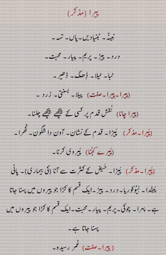 پیرا ,نینہ۔ بنیادیں۔پاں۔ تہہ,درد۔ پیڑ۔ پریم۔ پیار۔ محبت,ٹبا۔ ٹیلا۔ ڈھگ۔ ڈھیر,پیرا۔پیرا,  پیلا۔ بسنتی۔ زرد ,پیرا چانا,  نقش قدم پر کسی کے  پیچھے  پیچھے چلنا,پیرا, پیڑا۔ قدم کے نشان۔ آون دا شگون۔ کھرا,پیرے کجنا,پیروی کرنا,پیرا, پیڑا۔ حیض کے کثرت سے آنا (کی بیماری)۔ پانی پیندا۔ لیوکوریا۔درد۔ پیڑ۔ایک قسم کا کڑا جو پیروں میں پہنا جاتا ہے۔ پہرا۔ چوکی۔پریم۔ پیار۔محبت۔
