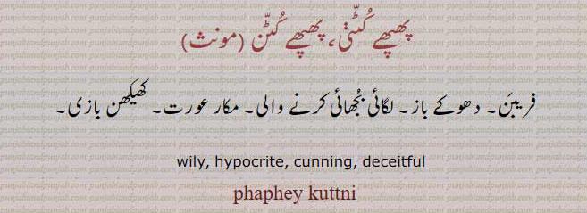  ,پھپھ , پھپھا , پھپھڑ, پھپھے کٹنی,ਫਫ , ਫਫਾ ,phappha,phapphay kutni,  ਫੱਫ,ਫੱਫੇ,ਫੱਫਾ, ਫਫਾ, ਫੱਫੜ, ਫਫ,
ਫਫੇਕੁੱਟਣ,  ਫਫੇਕੁੱਟਣੀ ,
wily, hypocrite. cunning. deceitful , phaphey kuttni, فریبن۔ دھوکے باز۔ لگائی بجھائِ کرنے والی۔ مکار عورت۔ کھیکھن بازی