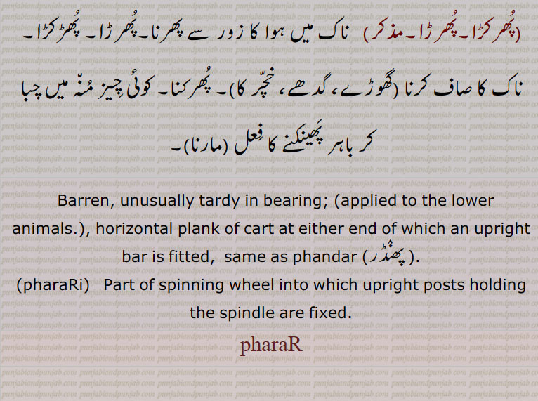 Barren, unusually tardy in bearing;  applied to the lower animals. , horizontal plank of cart at either end of which an upright bar is fitted,  same as phandar (پھنڈر ),pharaRi,   Part of spinning wheel into which upright posts holding the spindle are fixed. pharar,پھرڑ, پھرڑا, پھرڑاں, پھرڑی, پھرکڑا, پھرڑا, ,ਫਰੜ, ਫਰਡ਼, pharari, ਫਰੜੀ , پھڑل