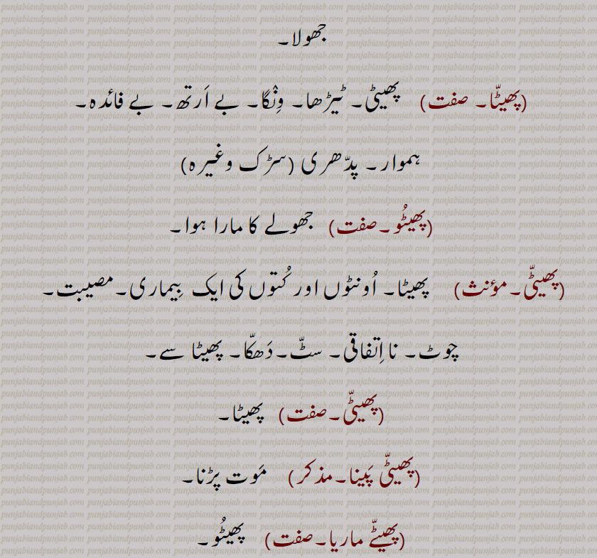 دھکا۔ گھسر۔ جھریٹ۔      گھڑیس  لگنا,پھیٹ لگنا,  چوٹ لگنا۔ مویشیوں کے درمیان پھنسنا,پھیٹا۔پھیٹا,  بپتا۔ اوکھ۔ مصیبت۔ نا اتفاقی۔ ناچاکی۔ دشمنی۔ ان بن۔ دپھیٹ۔ اختلاف  پینا, اونٹوں اور کتوں کی ایک بیماری جو بارشوں اور گرمی کے دنوں میں پھیلتی ہے  اگلی سٹیج سوکرا ہے ۔پھیٹی۔ کانبا۔ جھولا,پھیٹا, پھیٹی۔ ٹیڑھا۔ ونگا۔ بے ارتھ۔ بے فائدہ, ہموار۔ پدھری  سڑک وغیرہ,
 پھیٹو,  جھولے کا مارا ہوا,پھیٹی, پھیٹا۔ اونٹوں اور کتوں کی ایک  بیماری۔مصیبت۔  چوٹ۔ نا اتفاقی۔ سٹ۔دھکا۔ پھیٹا سے,پھیٹی,پھیٹا,پھیٹی پینا,موت پڑنا,پھیٹے ماریا, پھیٹو۔
