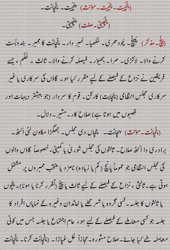 پنچیت۔پنچیت, پچیت۔ پنچائت,پنچیتی,پچیتی,پنچ,  پینچ۔ چودھری۔ مکھیا۔ نمبر دار۔ پنچائت کا ممبر۔ بندوبست کرنے والا۔ لاکڑی۔ مہرا۔ جھیؤر۔ فیصلہ کرنے والا۔ ثالث ۔ حکم ، جسے فریقین نے نزاع کے فیصلے کے لیے مقرر کیا ہو۔ گاؤں کی سرکاری یا غیر سرکاری مجلس انتظامی ,پنچایت, کارکن۔ قوم کا سردار (جو بیشتر دیہات اور قصبوں میں ہوتا ہے) صلاح کار۔مشیر۔دلال, پچائت۔   پنچاں دی مجلس۔ جھگڑا مکاون لئی اکٹھ۔برادری دا اکٹھ صلاح۔ ثالثوں کی مجلس شوریٰ یا کمیٹی، خصوصاً  گاؤں والوں کی مجلس انتظامی جو عموماً پانچ ( کم یا زیادہ) نامزد یا منتخب ممبروں پر مشتمل ہوتی ہے۔ثالثی ، نزاع کے فیصلے کے لیے ثالث یا پنچ (تقرر کرنا یا ہونا)۔پنچوں یا ثالثوں کا جلسہ۔کسی گروہ یا شہر محلے یا خاندان وغیرہ کے نمایاں افراد کا جلسہ جو کسی معاملے کے فیصلے کے لیے ہو،  عام اجتماع یا جلسہ جس میں کوئی معاملہ طے کیا جائے۔صلاح مشورہ۔مجازاً  غل غپاڑا,پنچائت کرنا۔ پنچائت لگانا۔ پنچائت ہونا