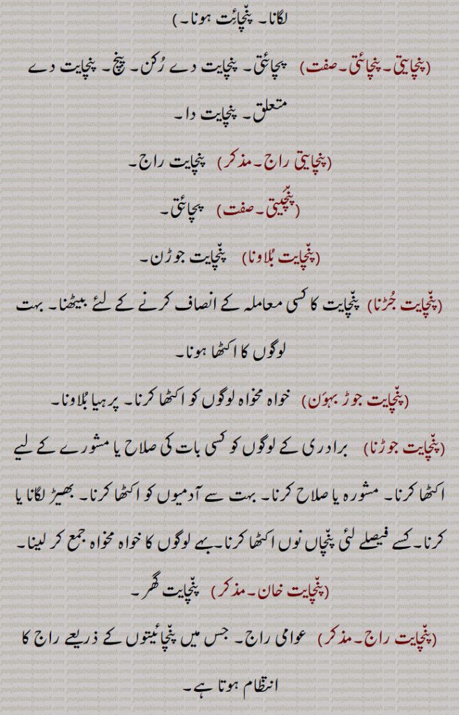 

,پنچایتی۔پنچائتی, پچائتی۔ پنچایت دے رکن۔ پنچ۔ پنچایت دے متعلق۔ پنچایت دا,پنچایتی راج,  پنچایت راج,پنچیتی, پچائتی,پنچایت بلاونا,  پنچایت جوڑن,پنچایت جڑنا, پنچایت کا کسی معاملہ کے انصاف کرنے کے لئے بیٹھنا۔ بہت
لوگوں کا اکٹھا ہونا,پنچایت جوڑ بہون, خواہ مخواہ لوگوں کو اکٹھا کرنا۔ پرہیا بلاونا,پنچایت جوڑنا, برادری کے لوگوں کو کسی بات کی صلاح یا مشورے کے لیے اکٹھا کرنا۔ مشورہ یا صلاح کرنا۔ بہت سے آدمیوں کو اکٹھا کرنا۔ بھیڑ لگانا یا کرنا۔کسے فیصلے لئی پنچاں نوں اکٹھا کرنا۔بہے لوگوں کا خواہ مخواہ جمع کر لینا,پنچایت خان,   پنچایت گھر,پنچایت راج, عوامی راج۔ جس میں پنچائیتوں کے ذریعے راج کا انتظام ہوتا ہے,پنچایت سدنا, پنچایت جوڑنا,پنچایت کرنا, انصاف کرنا۔پنچایت بیٹھانا,پنچایت گھر,وہ سانجھا مکان یا جگہ جہاں پنچایت بیٹھتی ہے,پنچایت نامہ,  پنچایت کا تحریری فیصلہ,پنچایت ناواں, پنچایت نامہ,پنچایتی فیصلہ,  پنچایت کا فیصلہ۔ پنچ فیصلہ۔ پرہیا دانیاں,پنچایتی نیاں, پنچایتی فیصلہ۔