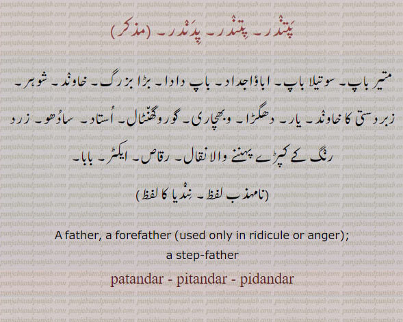 پتندر , pitandar , patandar ,pidandar,  
ਪਿਤੰਦਰ, pitandar, A father, a forefather ,used only in ridicule or anger, a step-father, 
پتندر۔ پدندر۔ متیر باپ۔ سوتیلا باپ۔ خاوند۔ دھگڑ۔ استاد۔ سادھو۔ رقاص۔ ایکٹر۔ 