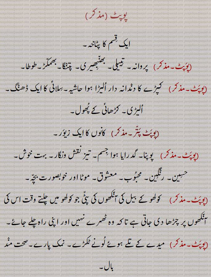 پوپٹ , ایک قسم کا پٹاخہ,  پروانہ۔ تییلی۔ بھنبھیری۔ پتنگا۔بھمکڑ۔طوطا,پوپٹ,  کپڑے کا دندانہ دار الیڑا ہوا حاشیہ۔سلائی کا ایک ڈھنگ۔ الیڑی۔ کڑھائی کے پھول,پوپٹ پتر, کانوں کا ایک زیور,پوپٹ, پوپنا۔ گدرایا ہوا جسم۔ تیز نقش ونگار۔ بہت خوش۔ حسین۔ رنگین۔ محبوب۔ معشوق۔ موٹا اور خوبصورت بچہ,پوپٹ,  کولھو کے بیل کی آنکھوں کی پٹی جو کولھو میں چلتے وقت اس کی آنکھوں پر چڑھا دی جاتی ہے تا کہ وہ ٹھہرے نہیں اور اپنی راہ چلے جائے,پوپٹ,میدے کے تلے ہوئے لونے ٹکڑے۔ نمک پارے۔صحت مند بال, پوپٹا,  پوپٹ کا مکبر۔بیر کی ایک قسم۔ پپوٹا۔مثانہ۔فانوس,پوپٹے, پوپٹ کی جمع۔