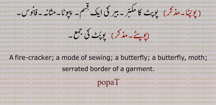 A fire-cracker; a mode of sewing; a butterfly; a butterfly, moth;
serrated border of a garment. popaT, popat, ਪੋਪਟ