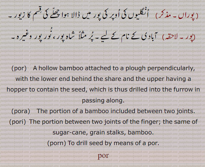  A hollow bamboo attached to a plough perpendicularly, with the lower end behind the share and the upper having a hopper to contain the seed, which is thus drilled into the furrow in passing along., pora,   The portion of a bamboo included between two joints., pori,  The portion between two joints of the finger; the same of sugar-cane, grain stalks, bamboo., porn, To drill seed by means of a por., por,  ,پریندا,por,pora,pori,porn,poor,pur,poorna
پورنا, پوردا, پوریا, پریسی, پورنا, پور, پوراں, پوریا, پور, پریندا, por, pora, pori, porn, poor, pur, poorna , ਪੋਰੀ, ਪੋਰ, ਪੋਰਨਾ, 