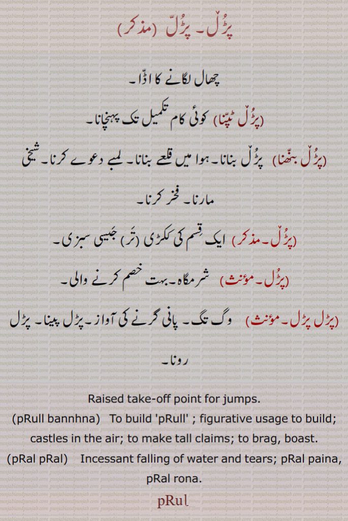 پڑل, چھال لگانے کا اڈا,پڑل ٹپنا, کوئی کام تکمیل تک پہنچانا,پڑل بنھنا,   پڑل بنانا۔ہوا میں قلعے بنانا۔ لمبے دعوے کرنا۔شیخی مارنا۔ فخر کرنا,پڑل, ایک قسم کی ککڑی ,تر  جیسی سبزی,پڑل, شرمگاہ۔بہت خصم کرنے والی,پڑل پڑل,وگ تگ۔ پانی گرنے کی آواز۔پڑل پینا۔ پڑل رونا۔
Raised take-off point for jumps., pRull bannhna,   To build 'pRull' ; figurative usage to build; castles in the air; to make tall claims; to brag, boast., pRal pRal,    Incessant falling of water and tears; pRal paina, pRal rona., pRull, pRul, paRull, paRul,     ਪੜੁੱਲ ਬੰਨ੍ਹਣਾ,pRal pRal, ਪਰਲ ਪਰਲ , falling of water and tears, pRal paina, pRal rona,prull,ਪੜੁੱਲ,parul,paral,