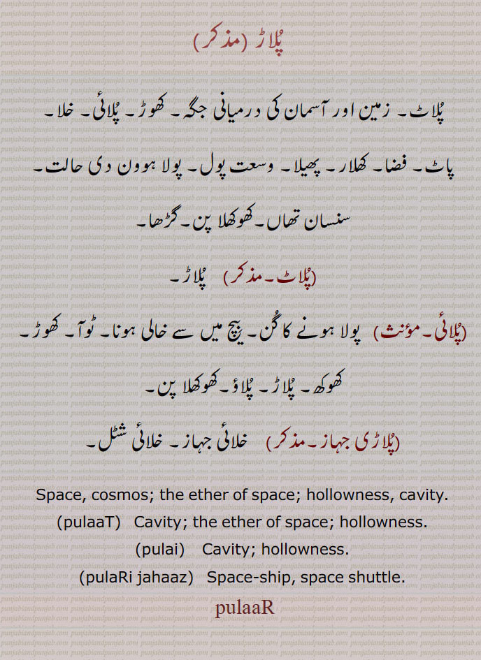   پلاڑ , پلاٹ۔ زمین اور آسمان کی درمیانی جگہ۔ کھوڑ۔ پلائی۔ خلا۔
پاٹ۔ فضا۔ کھلار۔ پھیلا۔ وسعت پول۔ پولا ہوون دی حالت۔ سنسان تھاں۔کھوکھلا پن۔گڑھا,پلائی,  پولا ہونے کا گن۔ بیچ میں سے خالی ہونا۔ ٹوآ۔ کھوڑ۔ کھوکھ۔ پلاڑ۔ پلاؤ۔کھوکھلا پن,پلاڑی جہاز,  خلائی جہاز۔ خلائی شٹل۔
Space, cosmos; the ether of space; hollowness, cavity., pulaaT,    Cavity; the ether of space; hollowness., pulai,    Cavity; hollowness., pulaRi jahaaz,   Space-ship, space shuttle., pulaR,  pulaar,   پلاڑ, pular ,pulaar , ਪੁਲਾੜ,ਪੁਲਾਡ਼, pulai, ਪੁਲਾਈ, pulaat, pulaRi jahaaz,  ਪੁਲਾੜੀ ਜਹਾਜ਼ ,پلاڑی جہاز,  پلائی , پلاٹ 