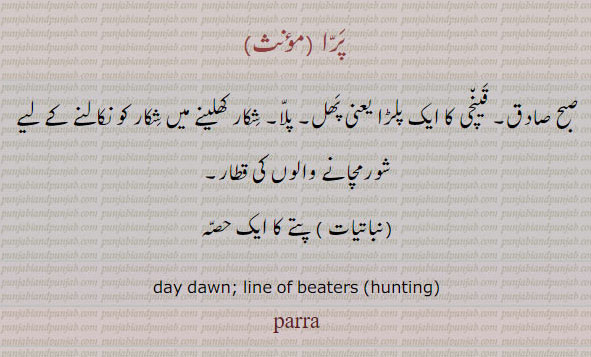 ،ਪਰ੍ਰਾ, صبح صادق۔ قینچی کا ایک پلڑا یعنی پھل۔ پلا۔ شکار کو باہر نکالنے پر شور کرنے والوں کی قطار۔ پتے کا ایک حصہ۔day dawn. line of beaters hunting.