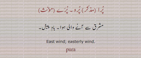  پرا,pura, ਪੁਰਾ,  pura,  East wind; a section of a city, easterly wind, پرا۔ پرو۔ پرے۔ مشرق سے آنے والی ہوا۔ باد پیش۔