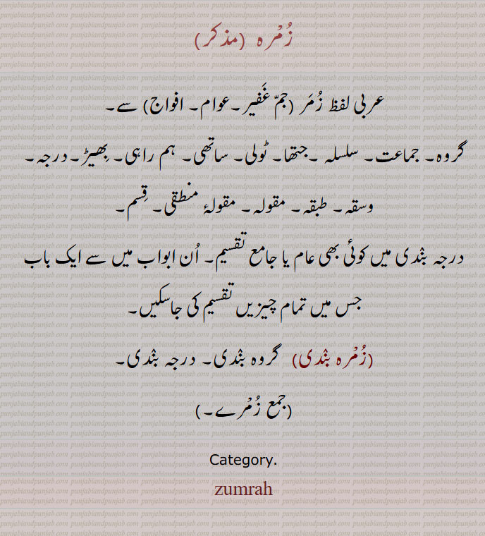 زُمرہ,
عربی لفظ زمر (جم غفیر۔عوام۔ افواج) سے۔
گروہ۔ جماعت۔ سلسلہ ۔جتھا۔ ٹولی۔ ساتھی۔ ہم راہی۔ بھیڑ۔درجہ۔ وسقہ۔ طبقہ۔ مقولہ۔ مقولۂ منطقی۔ قِسم۔
درجہ بندی میں کوئی بھی عام یا جامع تقسیم۔ اُن ابواب میں سے ایک باب جس میں تمام چیزیں تقسیم کی جاسکیں۔
 زمرہ بندی,   گروہ بندی۔ درجہ بندی۔
 جمع زمرے۔ 
Category. ,zumrah, ਕਿਸਮ, ਜ਼ੁਮਰਾ,