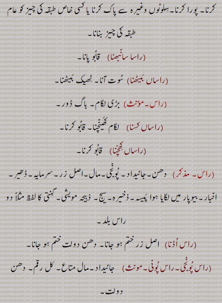 پیسہ کمانا,راس بیٹھنا,راس آنا۔ ٹھیک بیٹھنا۔سوت آنا۔
 (راس کرنا)    خوبصورت بنانا (کمرے، باغ وغیرہ کو)۔ اچھے کو برے سے الگ کرنا (مثلاً کجھور وغیرہ)۔موزوں کرنا۔ ساز گار یا موافق کرنا۔ ٹھیک کرنا۔ پورا کرنا۔سلوٹوں وغیرہ سے پاک کرنا یا کسی خاص طبقہ کی چیز کو عام طبقہ کی چیز بنانا,راسا سانبھنا, قابو پانا,راساں بیٹھنا, سوت آنا۔ ٹھیک بیٹھنا,بڑی لگام۔ باگ ڈور,راساں کسنا, لگام کھینچنا۔ قابو کرنا,راساں کھچنا,  قابو کرنا,راس,دھن۔جائیداد۔ پونجی۔مال۔اصل زر۔سرمایہ۔ڈھیر۔ انبار۔بیوپار میں لگایا ہوا پیسہ۔ذخیرہ۔سیج۔ ذبیحہ مویشی۔ گنتی کا لفظ مثلاً دو راس بلد,راس اڈنا,   اصل زر ختم ہو جانا۔ دھن دولت ختم ہو جانا,راس پونجی۔راس پونی۔ ,    جائیداد۔مال متاع۔ کل رقم۔ دھن دولت,