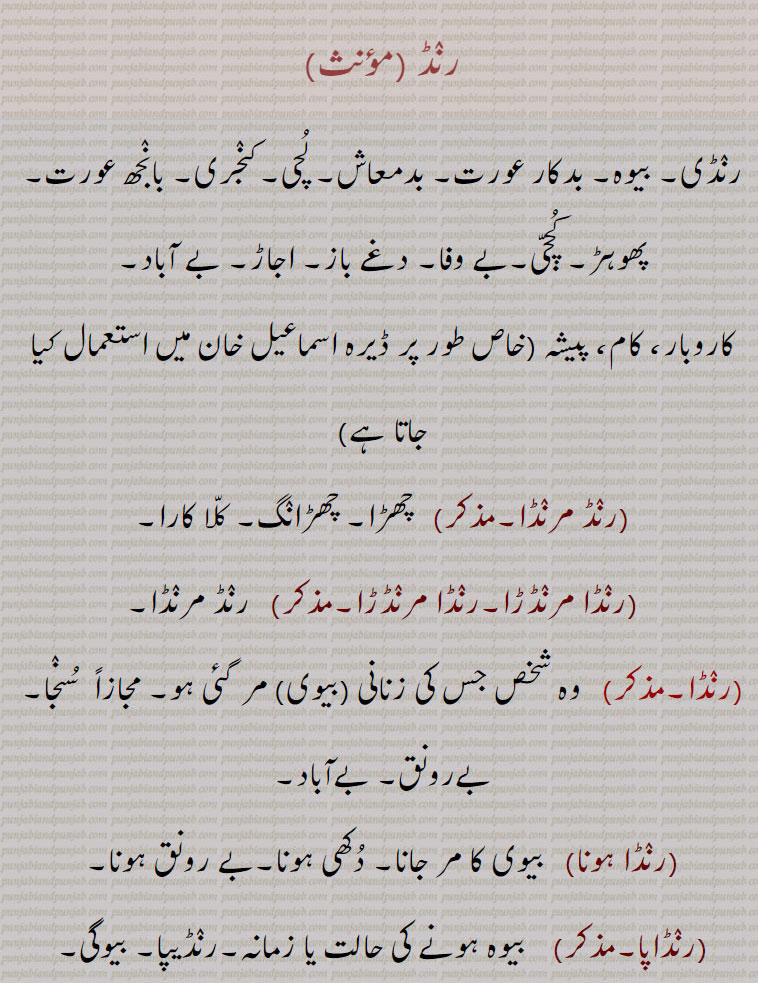 رنڈ,رنڈی۔ بیوہ۔ بدکار عورت۔ بدمعاش۔ لچی۔کنجری۔ بانجھ عورت۔ پھوہڑ۔ کچجی۔بے وفا۔ دغے باز۔ اجاڑ۔ بے آباد,کاروبار، کام، پیشہ ,خاص طور پر ڈیرہ اسماعیل خان میں استعمال کیا جاتا ہے,رنڈ مرنڈا,   چھڑا۔ چھڑانگ۔ کلا کارا,رنڈا مرنڈڑا۔رنڈا مرنڈڑا, رنڈ مرنڈا,رنڈا,   وہ شخص جس کی زنانی  بیوی  مر گئی ہو۔ مجازاً  سنجا۔ بےرونق۔ بےآباد,رنڈا ہونا, بیوی کا مر جانا۔ دکھی ہونا۔بے رونق ہونا,رنڈاپا, بیوہ ہونے کی حالت یا زمانہ۔رنڈیپا۔ بیوگی,رنڈی ہوون/ہونا,   بیوہ ہونا۔ فاحشہ ہونا، کنجری ہونا,رنڈیپا,  بیوہ ہونے کی حالت۔ بیوگی,رانڈ, رنڈن، رنڈی عورت۔ بیوہ۔ خاوند مرا ہوا ہو تو حقارت یا  طنز سے بھی بولتے ہیں۔