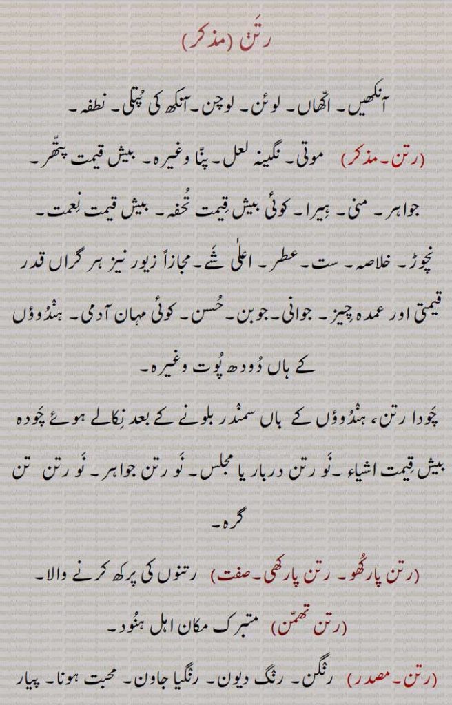 رتن ,آنکھیں۔ اکھاں۔ لوئن۔ لوچن۔آنکھ کی پتلی۔ نطفہ, موتی۔ نگینہ لعل۔پنا وغیرہ۔ بیش قیمت پتھر۔ جواہر۔ منی۔ ہیرا۔ کوئی بیش قیمت تحفہ۔ بیش قیمت نعمت,نچوڑ۔ خلاصہ۔ ست۔عطر۔ اعلٰی شے۔مجازاً زیور نیز ہر گراں قدر قیمتی اور عمدہ چیز۔ جوانی۔جوبن۔حسن۔ کوئی مہان آدمی۔ ہندوؤں کے ہاں دودھ پوت وغیرہ,چودا رتن، ہندوؤں کے  باں سمندر بلونے کے بعد نکالے ہوئے چودہ بیش قیمت اشیاء۔گھی۔نو رتن دربار یا مجلس۔ نو رتن جواہر۔ نو رتن  گرہ,رتن پارکھو۔ رتن پارکھی, رتنوں کی پرکھ کرنے والا,رتن تھمن,   متبرک مکان اہل ہنود,رتن, رنگن۔ رنگ دیون۔ رنگیا جاون۔ محبت ہونا۔ 