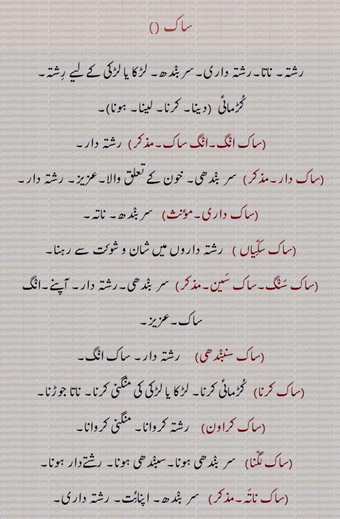 
ساک ,رشتہ۔ ناتا۔رشتہ داری۔سربندھ۔ لڑکا یا لڑکی کے لیے رشتہ۔
کڑمائی  ,ساک دینا۔ساک  کرنا۔ساک  لینا۔ساک  ہونا,ساک انگ۔انگ ساک۔, رشتہ دار,ساک دار, سر بندھی۔ خون کے تعلق والا۔عزیز۔ رشتہ دار,ساک داری, سربندھ۔ ناتہ,ساک سکّیاں , رشتہ داروں میں شان و شوکت سے رہنا,ساک سنگ۔ساک سین, سر بندھی۔رشتہ دار۔ آپنے۔انگ ساک۔عزیز,ساک سنبندھی, رشتہ دار۔