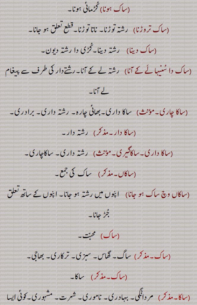  ساک انگ,ساک کرنا,کڑمائی کرنا۔ لڑکا یا لڑکی کی منگنی کرنا۔ ناتا جوڑنا,ساک کراون, رشتہ کروانا۔ منگنی کروانا,ساک لگنا,سر بندھی ہونا۔سبندھی ہونا۔ رشتےدار ہونا,ساک ناتہ, سر بندھ۔ اپنائت۔ رشتہ داری,ساک ہونا, کڑمائی ہونا,ساک تروڑنا, رشتہ توڑنا۔ ناتا توڑنا۔قطع تعلق ہو جانا,ساک دینا,رشتہ دینا۔کڑی دا رشتہ دیون,ساک دا سنیہا لے کے آنا, رشتہ لے کے آنا۔رشتےدار کی طرف سے پیغام لے آنا,ساکا چاری,ساکا داری۔بھائی چارہ۔ رشتہ داری۔ برادری,ساکا دار, رشتہ دار,ساکا داری۔ساکاگیری,  رشتہ داری۔ ساکاچاری,ساکاں, ساک  کی جمع,ساکاں وچ ساک ہو جانا, اپنوں میں رشتہ ہو جانا۔ اپنوں کے ساتھ تعلق جڑ جانا,ساک,محبت,ساک, ساگ۔ گھاس۔ 