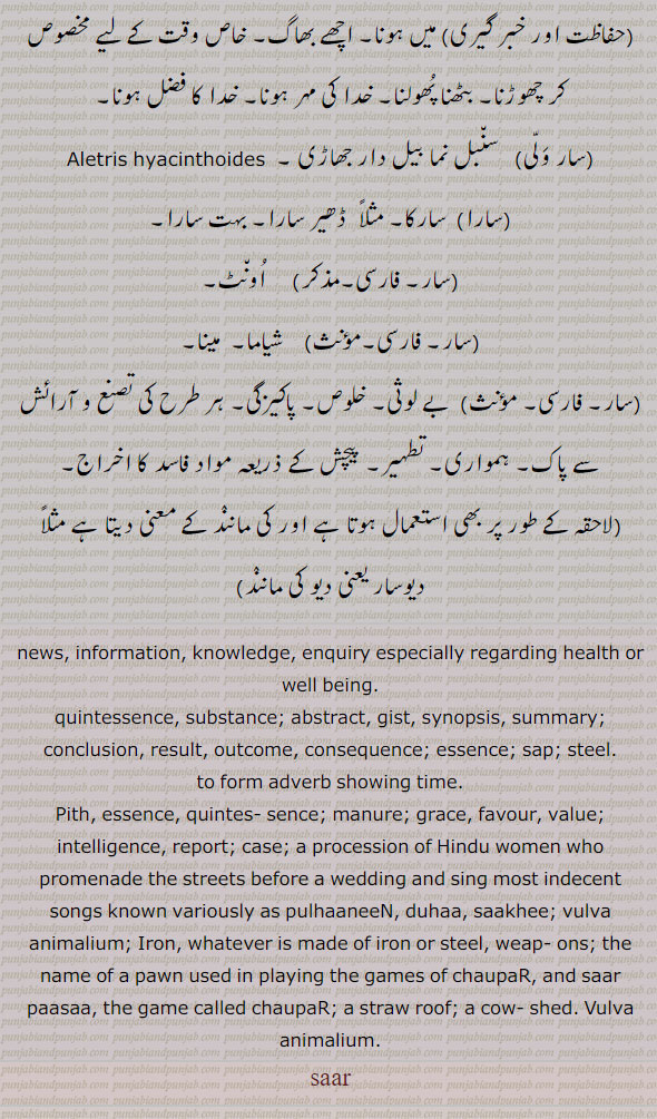 سار,saar, ਸਾਰ, news. information. knowledge. enquiry especially regarding health. quintessence. gist. 
Pith, essence, quintessence; manure; grace, favour, value; intelligence, news, information, report; case;   a procession of Hindu women who promenade the streets before a wedding and sing most indecent songs known variously as pulhanin, duha, sakhi; vulva animalium;  Iron, whatever is made of iron or steel, weapons; the name of a pawn used in playing the games of chaupar, and saar pasa, the game called chaupar; a straw roof; a cow-shed;sar, saar,