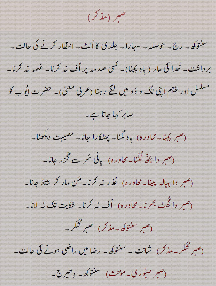   صبر ,سنتوکھ۔ رج۔ حوصلہ۔ سہارا۔ جلدی کا الٹ۔ انتظار کرنے کی حالت۔ برداشت۔ خدا کی مار , ہاہ پینا,۔ کسی صدمہ پر اف نہ کرنا۔ غصہ نہ کرنا۔مسلسل اور پیہم اپنی تگ و دو میں لگے رہنا (عربی معنی)۔ حضرت ایوب کو صابر کہا جاتا ہے,صبر پینا,ہاہ لگنا۔ پھٹکارا جانا۔ مصیبت دیکھنا,صبر دا بنھ ٹٹنا۔, پانی سر سے گزر جانا,صبر دا پیالہ پینا,   عذر نہ کرنا۔من مار کر بیٹھ جانا,صبر دا گھٹ بھرنا,  اف نہ کرنا۔ شکایت تک نہ لانا,صبر سنتوکھ, صبر شکر,صبر شکر, شانت ۔ سنتوکھ۔ رضا میں راضی ہونے کی حالت,صبر صبوری, سنتوکھ۔ دھیرج,صبر کتا۔صبر کتا۔صبر گتا, کثیر۔ وافر۔ کافی مقدار۔