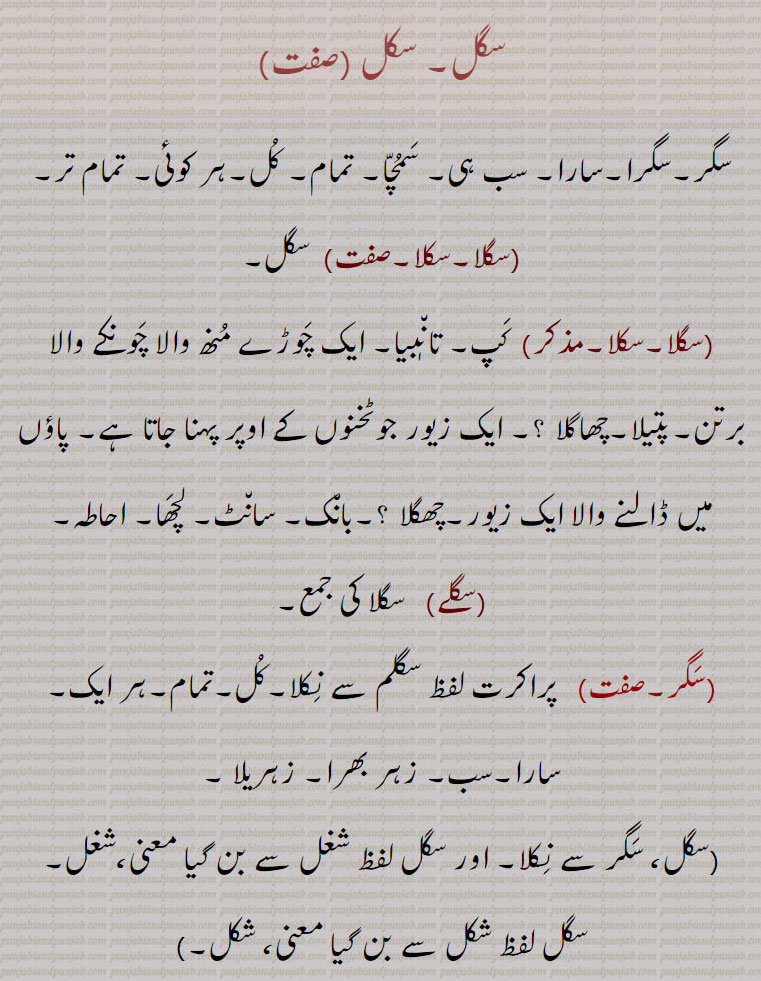 سگل۔ سکل ,سگر۔سگرا۔سارا۔ سب ہی۔ سمچا۔ تمام۔ کل۔ہر کوئی۔ تمام تر,سگلا۔سکلا, سگل,سگلا۔سکلا,  کپ۔ تانٖ٘بیا۔ ایک چوڑے منھ والا چونکے والا برتن۔پتیلا۔چھاگلا ؟۔ ایک زیور جوٹخنوں کے اوپر پہنا جاتا ہے۔ پاؤں میں ڈالنے والا ایک زیور۔چھگلا ؟۔بانک۔ سانٹ۔ لچھا۔ احاطہ,سگلے,  سگلا کی جمع,سگر,  پراکرت لفظ سگلم سے نکلا۔کل۔تمام۔ہر ایک۔سارا۔سب۔ زہر بھرا۔ زہریلا ,سگل، سگر سے نکلا۔ اور سگل لفظ شغل سے بن گیا معنی،شغل,سگل لفظ شکل سے بن گیا معنی، شکل,سگرا, سگل,سگری, ساری۔کل۔سگل۔تمام۔مکمل۔پوری۔ چھوٹی گڈی,سگر۔سنسکرت۔صفت)  زہر بھرا۔ زہریلا,سگل, چھپکلی۔ کرڑی۔
