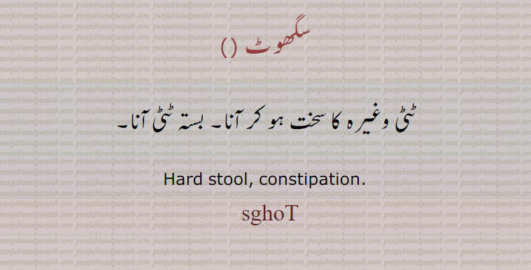 سگھوٹ 
ٹٹی وغیرہ کا سخت ہو کر آنا۔ بستہ ٹٹی آنا۔
Hard stool, constipation . saghoT,sghot,ਸਘੋਟ