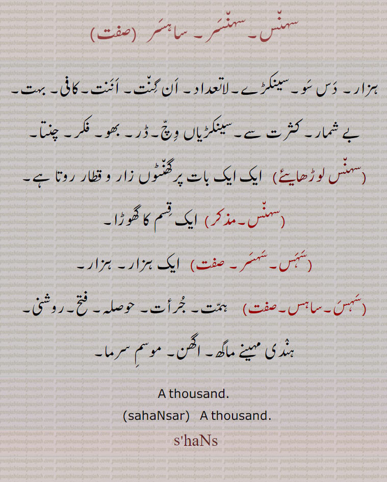 
سہنس۔سہنسر۔ ساہسر, ہزار۔ دس سو۔سینکڑے۔لاتعداد۔ ان گنت۔ اننت۔کافی۔ بہت۔ بے شمار۔ کثرت سے۔سینکڑیاں وچ۔ڈر۔ بھو۔ فکر۔ چنتا,سہنس لوڑھایئے, ایک ایک بات پرگھنٹوں زار و قطار روتا ہے,سہنس,  ایک قسم کا گھوڑا,سہس۔سہسر,  ایک ہزار۔ ہزار,سہس۔ساہس, ہمت۔ جرأت۔ حوصلہ۔ فتح۔روشنی۔ ہندی مہینے ماگھ۔ اگھن۔ موسم سرما۔
A thousand., sahaNsar,   A thousand.  ,ਸਹੰਸ,ਸਹੰਸਰ , sahansar, shansar, sahans, shans, sahsar, sahas,shas,saahas,